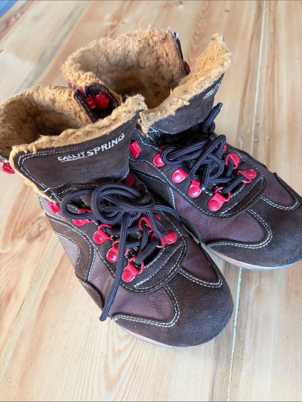 Call It Spring Size 7 Brown Vegan Leather Faux-Fur Lace-Up Boots with Red Accent